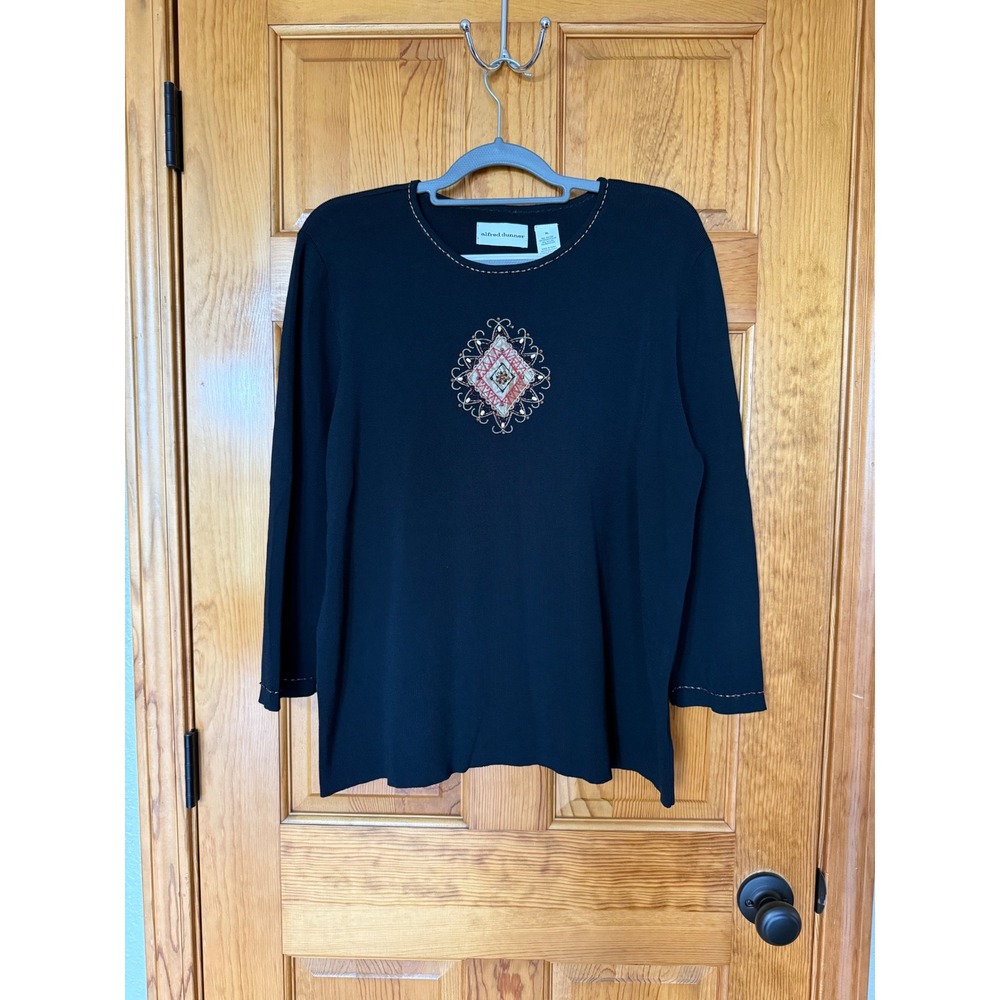 Alfred Dunner Women's XL Black Embellished Beaded Knit Top 3/4 Sleeve